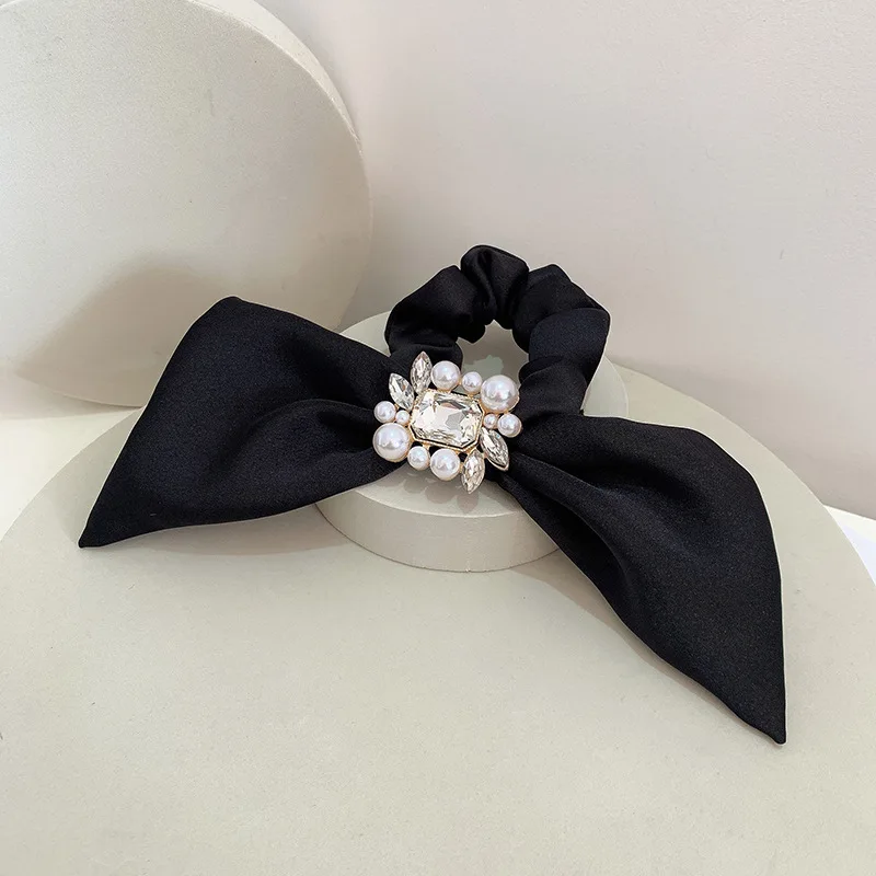 Rhinestone Bow Knot Hair Tie Hair Bands 2022 Elegant Top-grade Luxury Crystal Pearl Big Bow Rabbit Ears Elastic Hair Band Turban