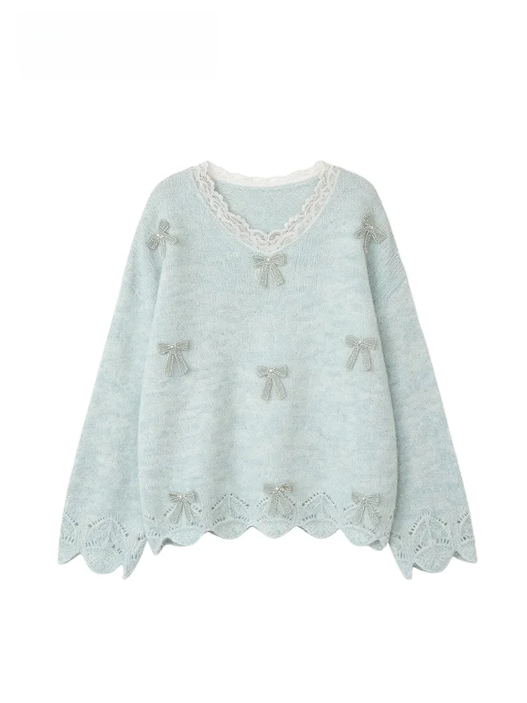 

Loose Long Sve Lace V-Ne Sweater Casual Sle plus Size Women's Autumn Winter New Faion Knot Knitted Top