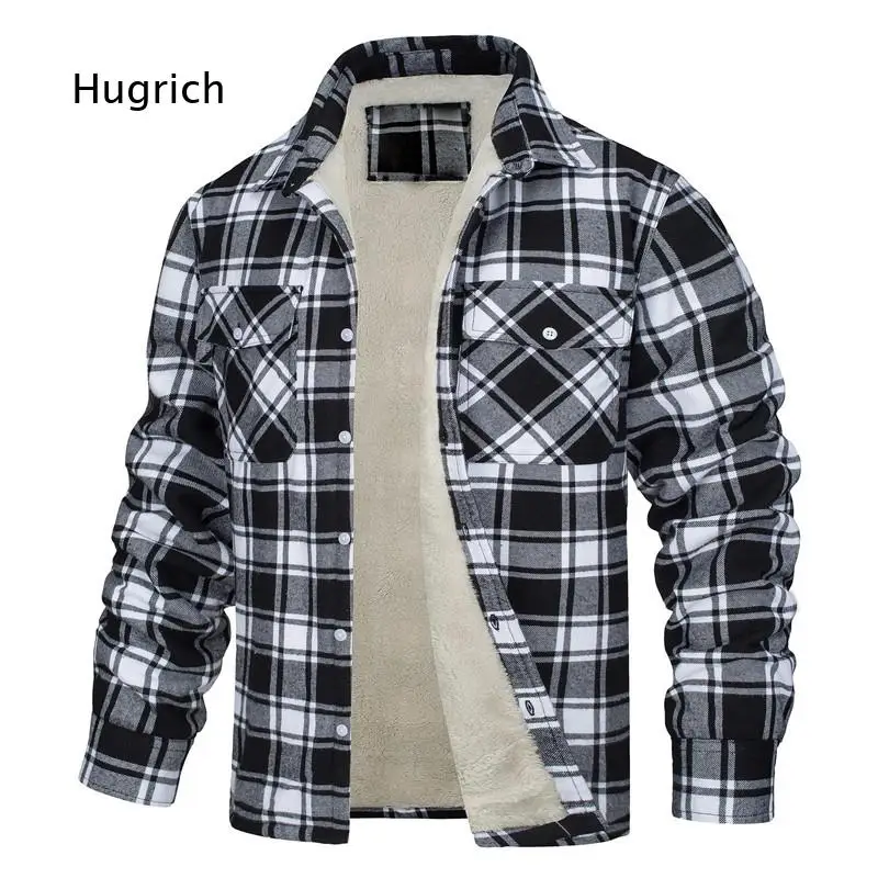 Fleece Lined Men Jacket Turn Down Collar Single Breasted Plaid Pattern Loose Fit Outer Coat For Cool Weather Casual Daily Wearin