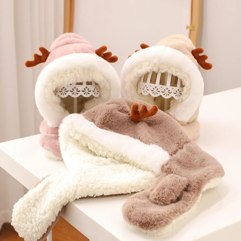 Faux Fur Winter Baby Hat Scarf One-Piece Soft Kids Cap for Girls Boys Cartoon Warmer Neck Ears Baby Bonnet Infant Accessories