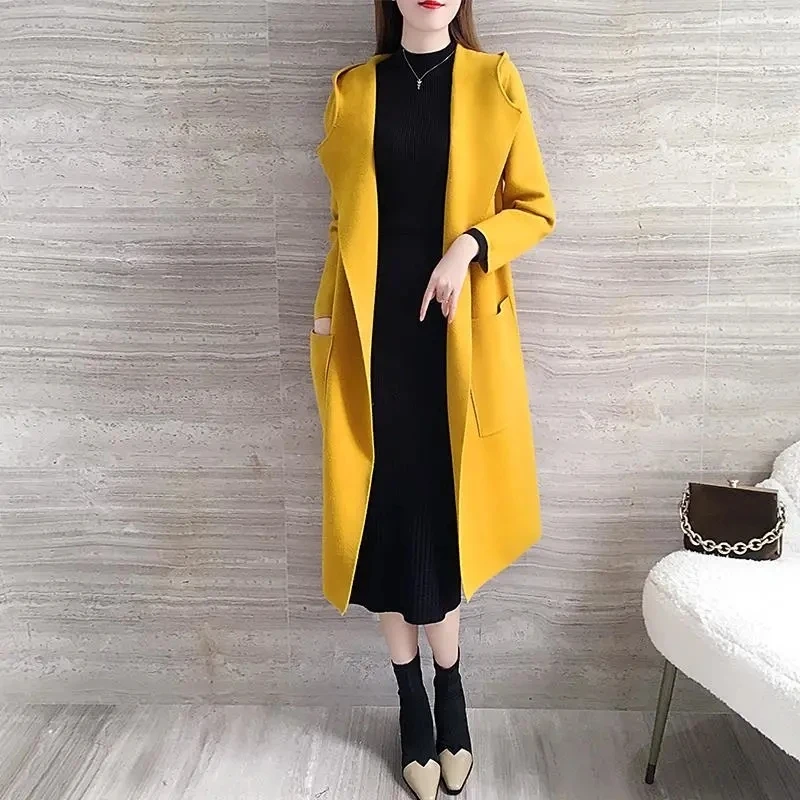 Yellow Knitted Cardigan Women Clothing Hooded Long Sweater Coat 2022 Autumn Winter Korean Fashion Loose Pocket Sueters De Mujer