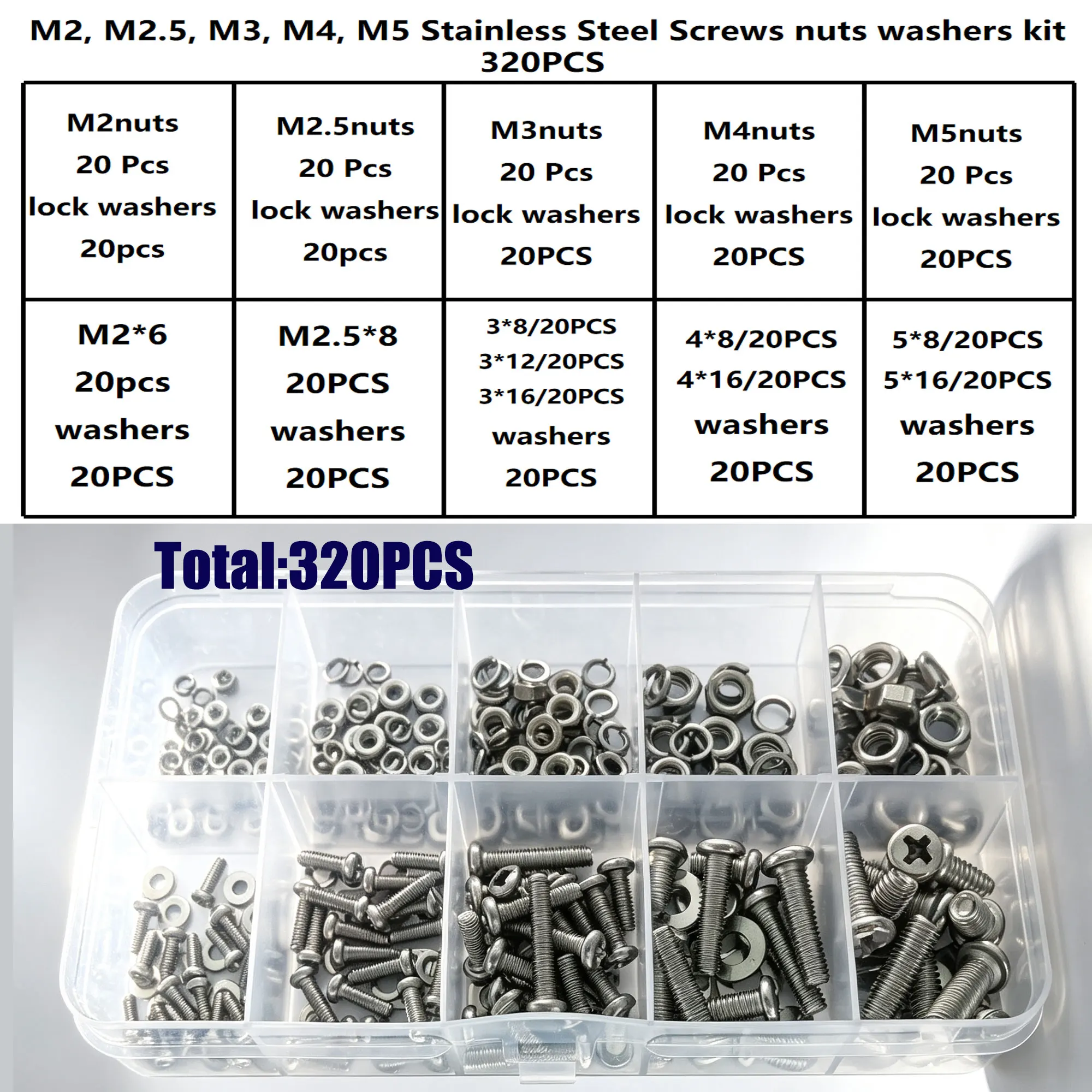Hex Nuts and Bolt Set - 320 pieces/120 pieces, durable M2 - M5 metric size, universal hardware kit for DIY projects and repairs