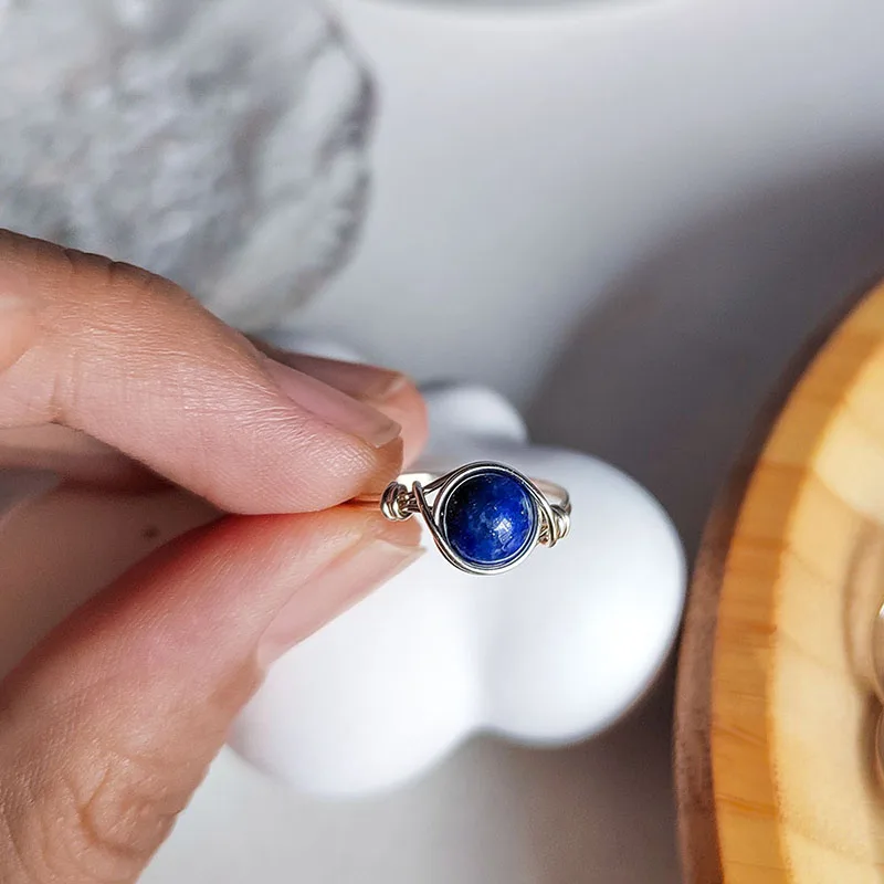 Natural Malachite Beads Rings Lapis Lazuli For Women Handmade Silver Gold Plated Metal Wire Weaved Finger Ring Jewelry Girl Gift