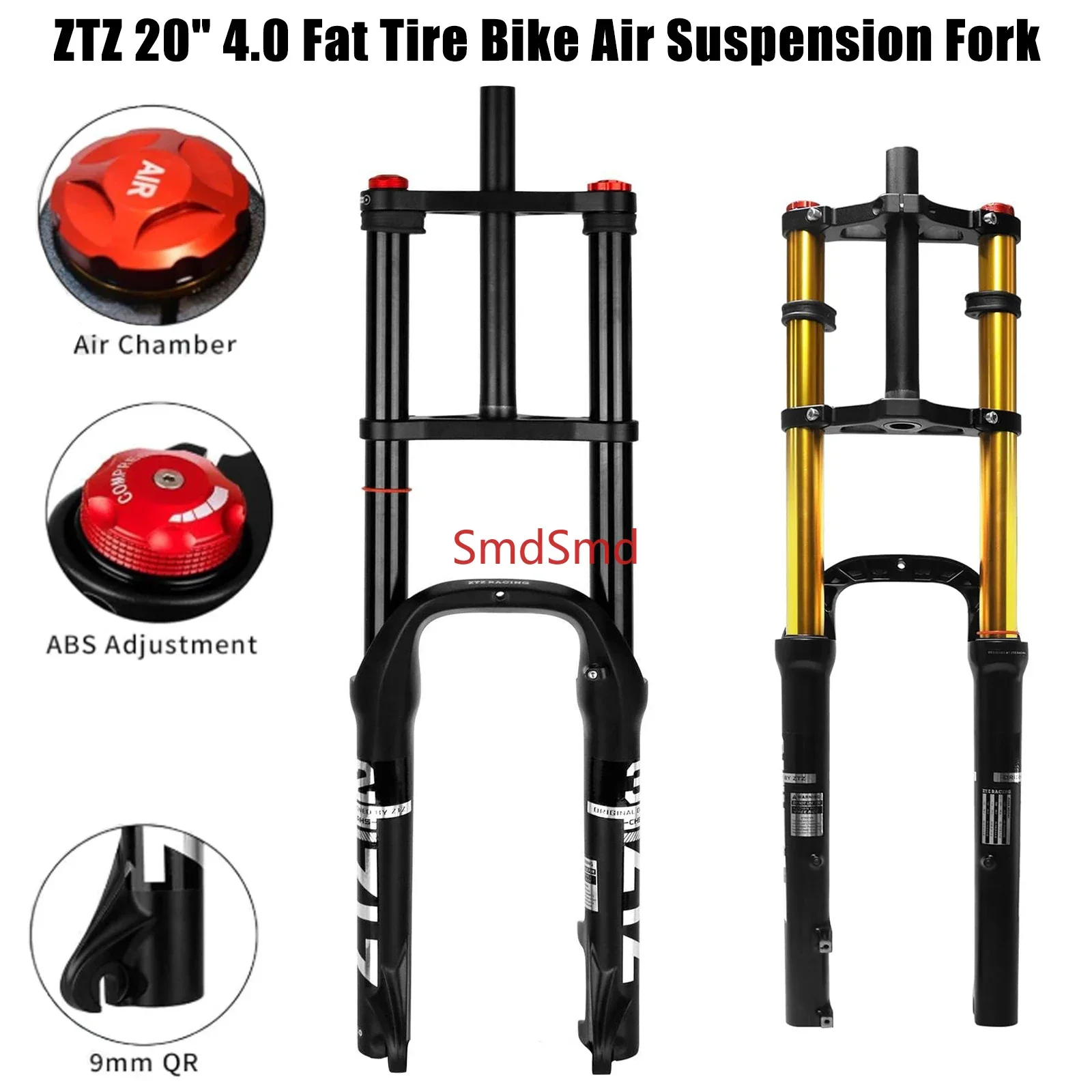 20/26 inch 4.0 Fat Tire Bike Air Suspension Fork - 180mm Travel, 135mm Hub Spacing, QR 9mm, Double Crown