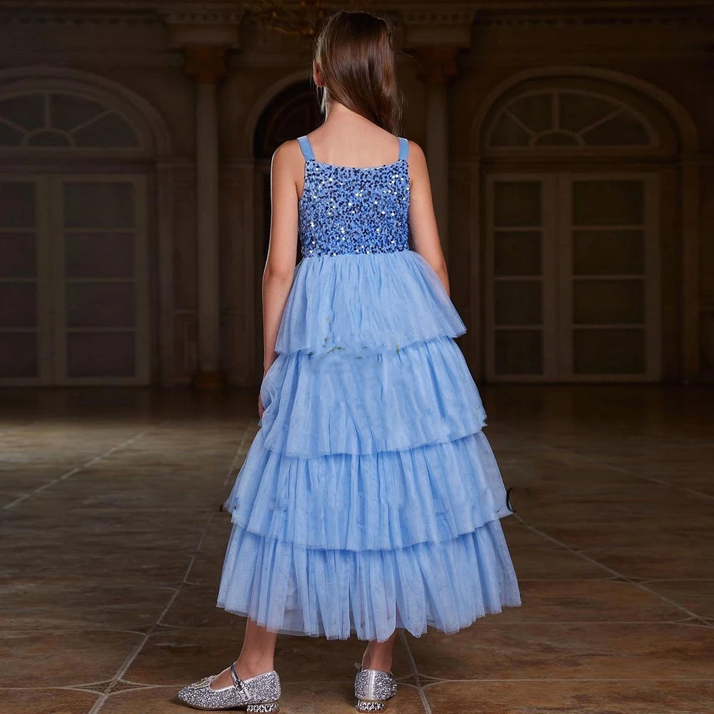 เงา Layered ดอกไม้สาวชุดสําหรับงานแต่งงาน Blue Sequins Tulle แขนกุดเด็กวันเกิด Party First Communion Ball Gowns