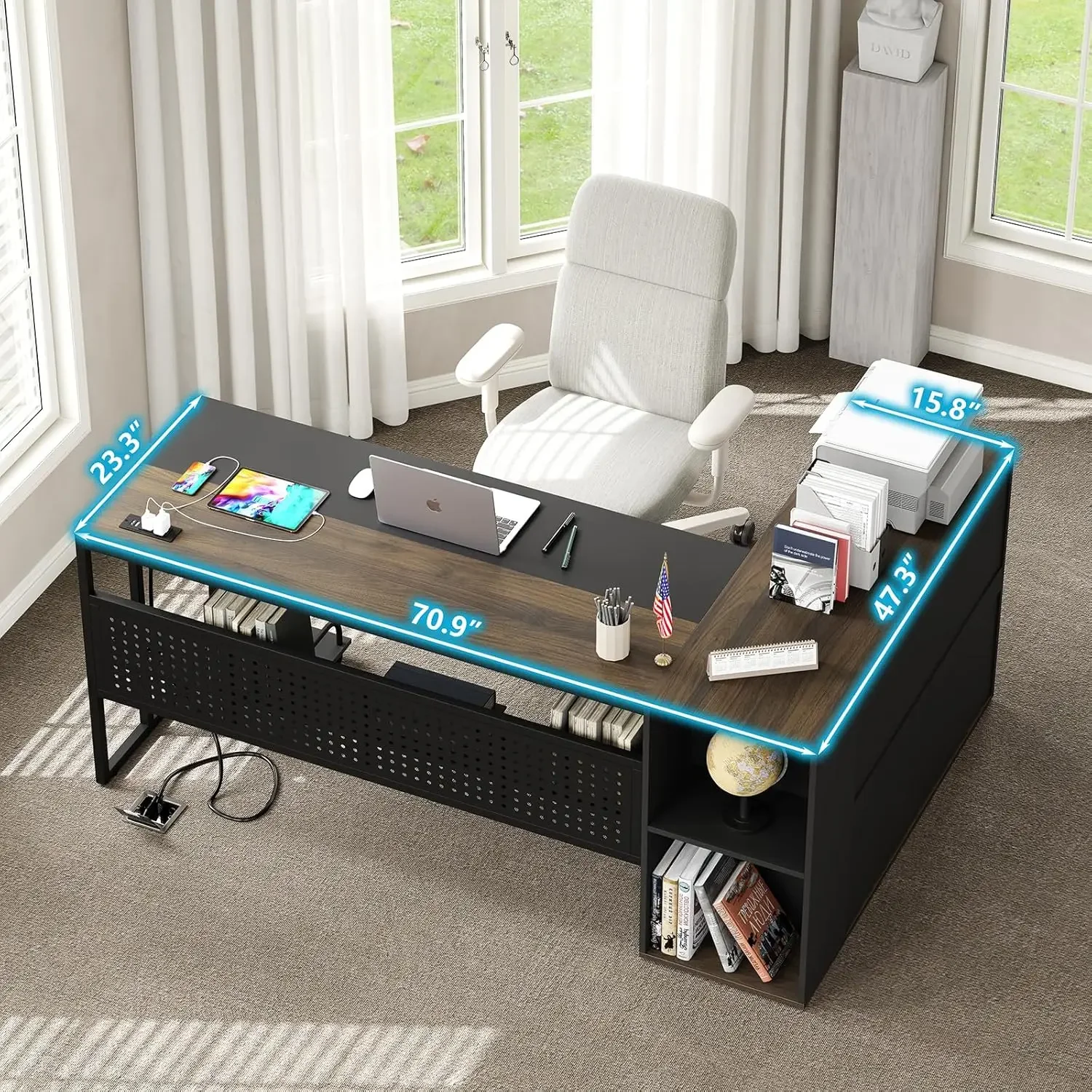 Furniouse 71 Inch Executive Desk, L-Vormig Bureau Met Kastopslag, Directiebureau Met Planken, Groot Kaptafel