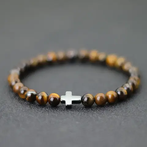 미니멀리스트 망 크로스 팔찌 6mm 자연 호랑이 눈 돌 Braclet 그를위한 선물 캠핑 액세서리 Bileklik Erkek Pulseira