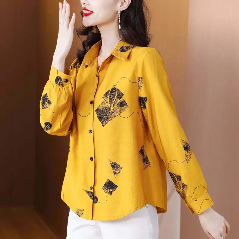 Casual Geometric Printed Loose Blouse Commute 2023 Spring Autumn Single-breasted Female Clothing Long Sleeve Stylish Lapel Shirt