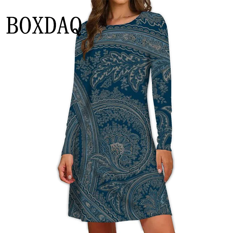 Women\'s Loose Dresses Casual Woman Autumn Winter O-Neck Floral 3D Print Ladies Mini Dress Vintage Long Sleeve Flower Clothing