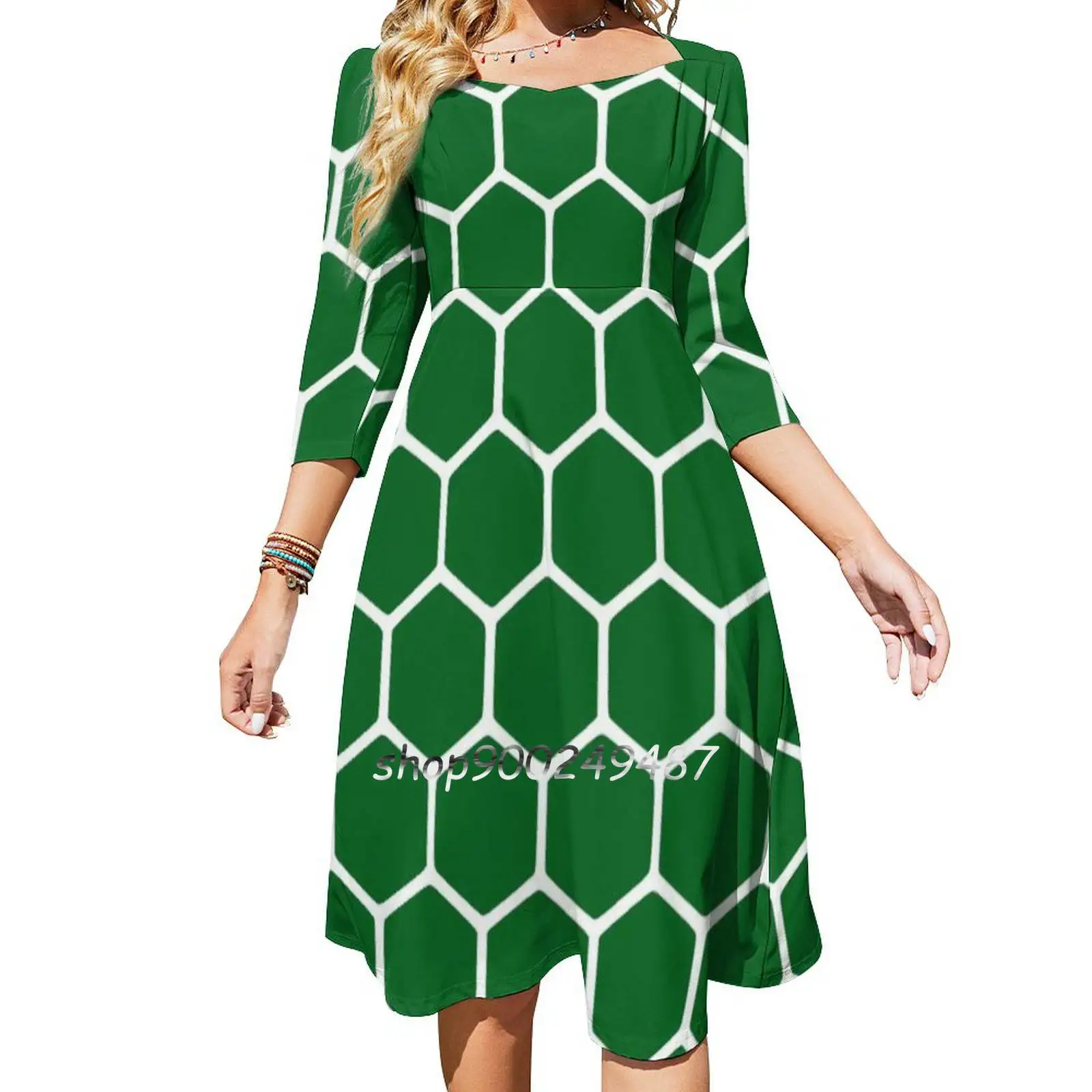 Green Honeycomb Pattern Evening Party Dresses Midi Sexy Dress Female Sweet One Piece Dress Korean Green Hexagon Hexagons