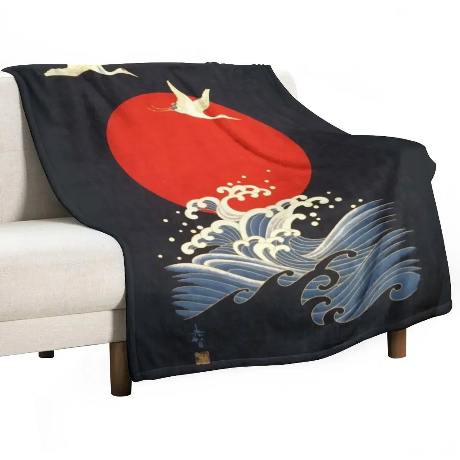 RED SUN ,FLYING CRANES AND SEA WAVES IN BLACK Throw Blanket Sleeping Bag Plaid Soft Plush Plaid blankets and throws Blankets