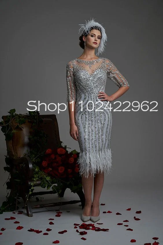 Luxury Silver Knee-length Mother of The Bride Occasion Wear Gowns Half Sleeve Crystal Beaded Feather Godmother Outfit Dress