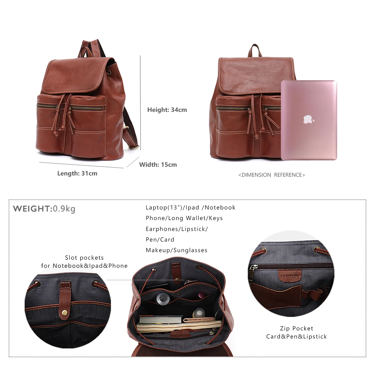 Luxury Genuine Leather Unisex Retro Backpack Large Capacity Multi pockets Flap Drawstring Shoulder Bag Laptop A4 Travel Business