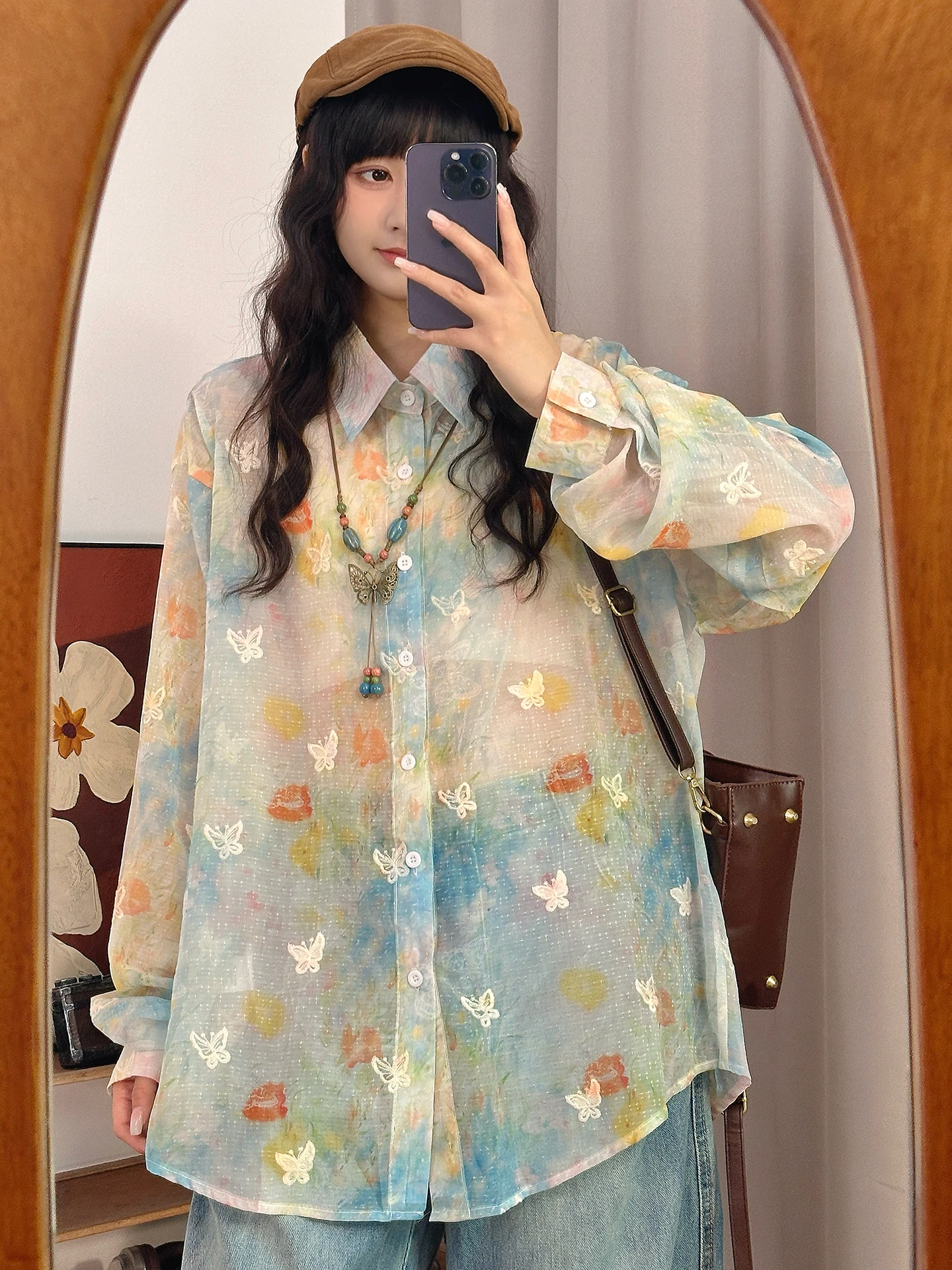 

Retro Embroidery Long Sve Loose Women's irt Street Sle Outerwear Casual Lazy Faion Top Selling out Original