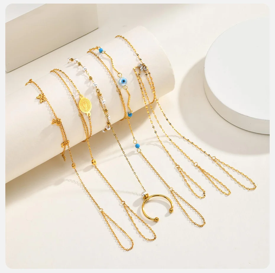 VNOX Elegante Vergoldete Handkette mit Imitationsperlen-Armband für Damen, Trendige Schleife, Türkis-Charms, Fingerarmbänder, Boho-Schmuck – Detail 5