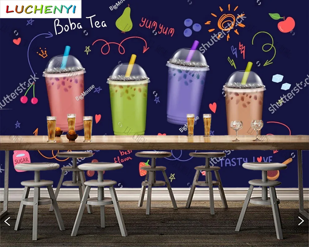 Custom colorful fruit tea bubble tea mural wallpaper restaurant cold drinking shop dining room wall papers home decor sticker