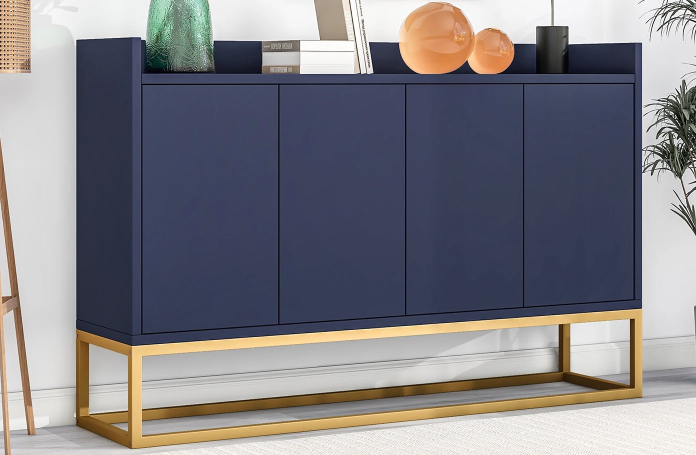 Modern minimalist style sideboard 4-door handle-free buffet cabinet for dining room living room kitchen (navy blue)