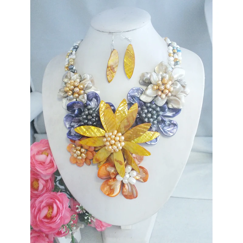 New Nigerian Wedding African Beads Jewelry Set Fashion Jewelry Shell Flower Necklace 21”