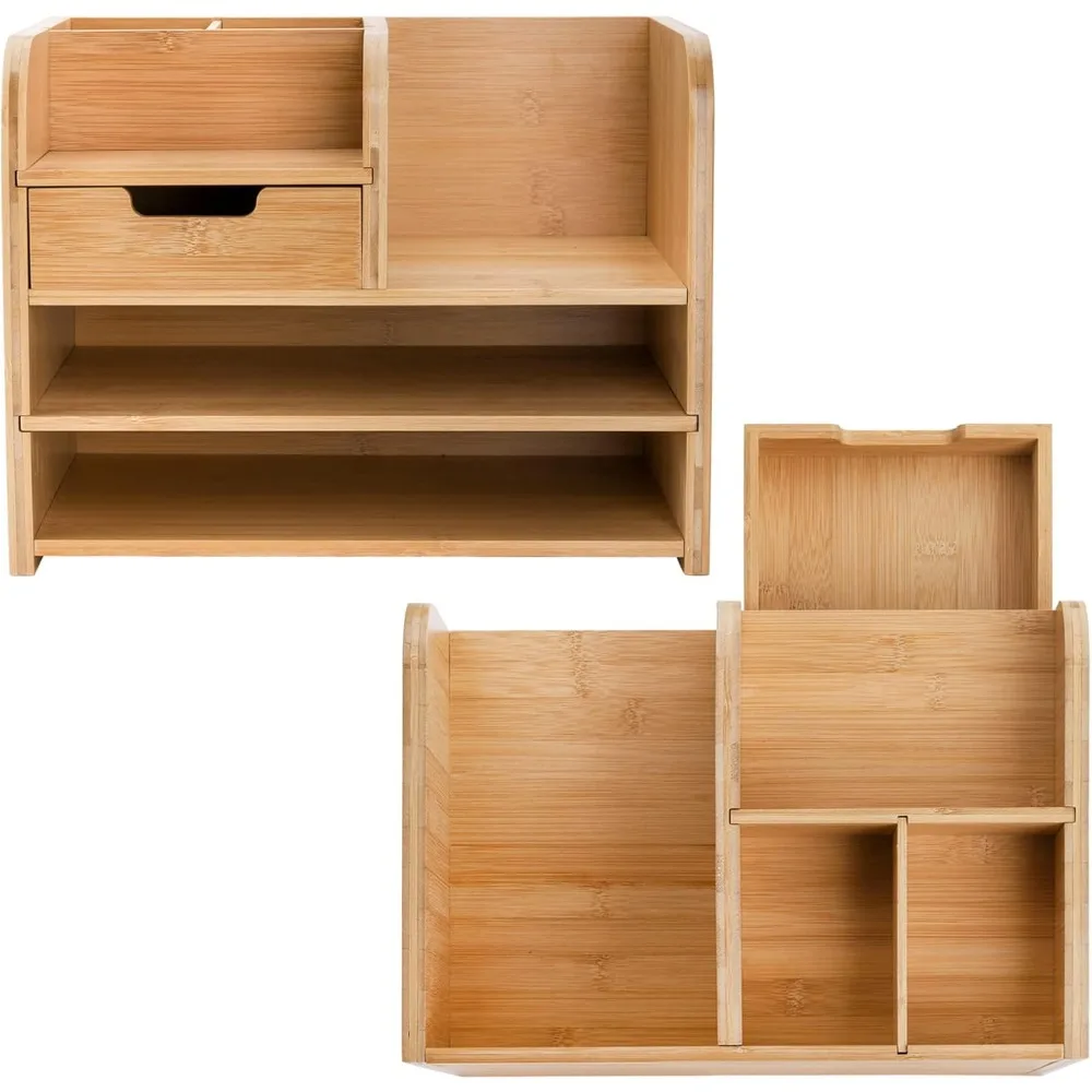 منظم سطح المكتب من الخيزران مع درج، منظم مستندات مكتب خشبي من 3 طبقات مع حامل قلم، تخزين قرطاسية الطاولة O