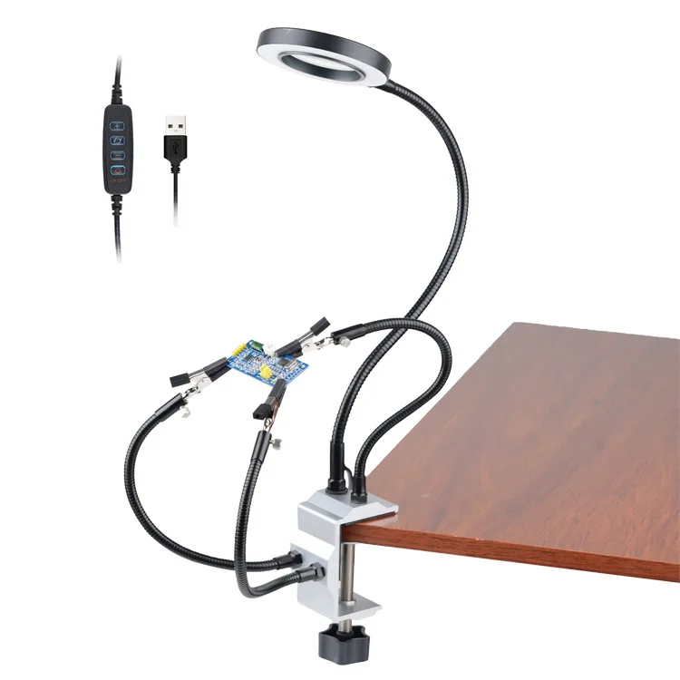 Four-jaw magnifying glass welding maintenance table, metal arm simple welding table universal clip bracket welding PCB circuit b