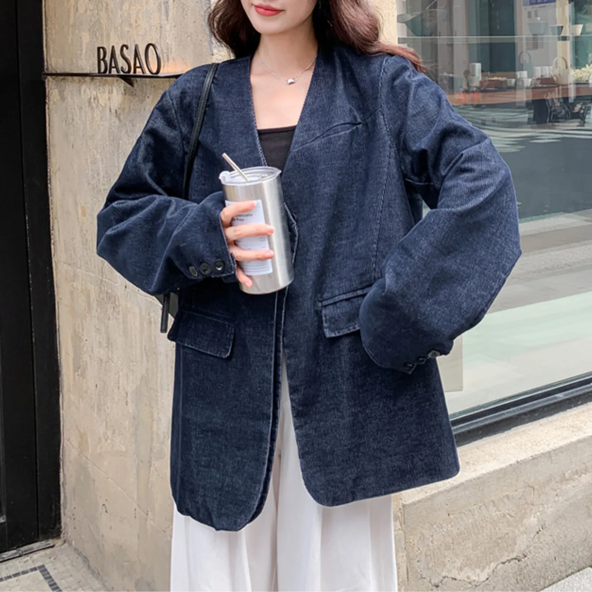 KWTX 2025 Retro Corduroy Denim Blazer Women’s Colorblock Patchwork Single Button V-Neck Jacket High-Quality Autumn Office Outfit