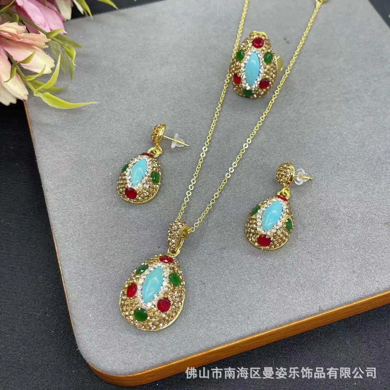 Horse eye turquoise inlaid ruby three-piece set personalized exaggerated design European and American jewelry fac