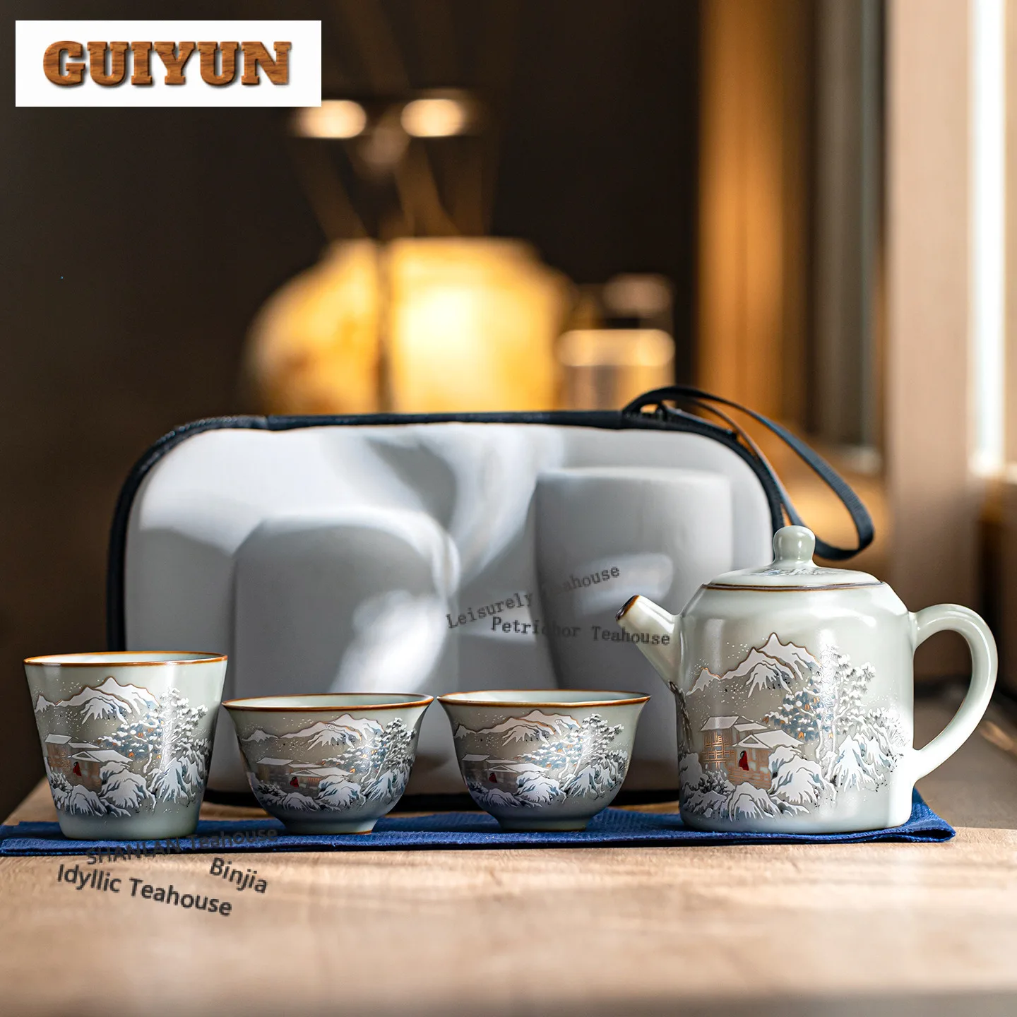 

Ru Kiln Hand Painted Snow Scene Travel Tea Set Kit Ancient 1 Pot 3 Cups Tea Brewing Organizer Portable Outdoor Stock Bags