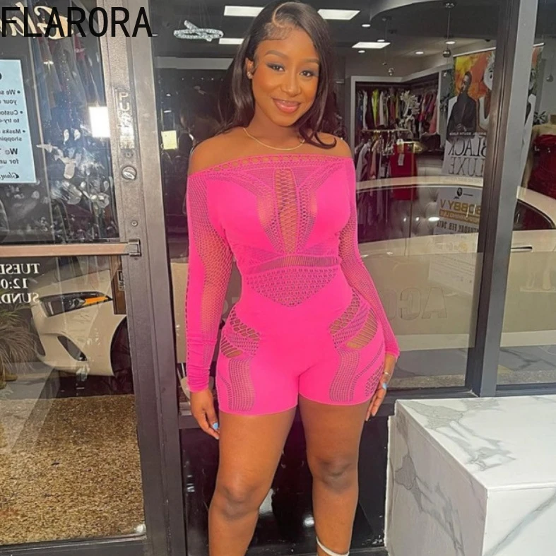 FLARORA Sexy Hollow Women Rompers Solid Off Shoulder Long Sleeve Stretch Playsuits Midnight Hipster Fitness Clubwear Playsuits
