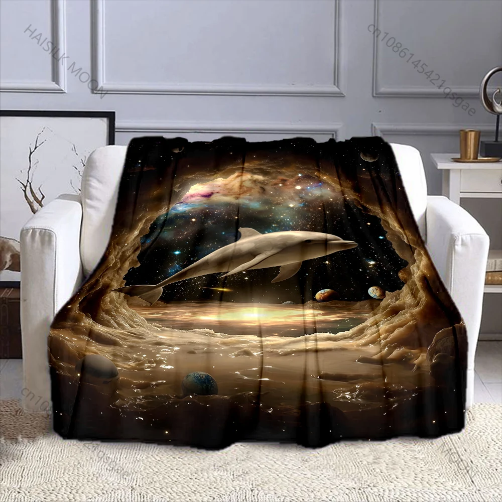 1PC Dolphin swimming in cosmic cave Print Adult Children Warm Blankets Home Travel Car Soft Comfortable Suitable for all seasons
