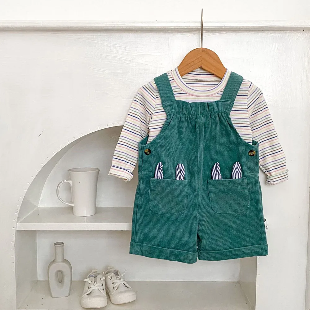 Autumn girls' pants cute jumpsuit kids corduroy fabric rabbit ear pocket overalls baby clothes fall pants
