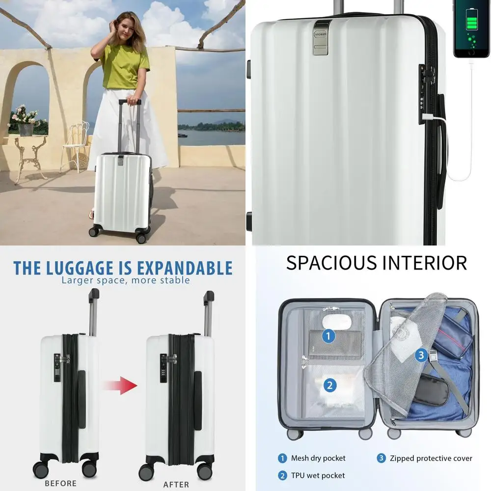 

Expandable Hardside 20 Carry-On Luggage with Spinner Wheels, Built-in TSA Lock, USB Port, White
