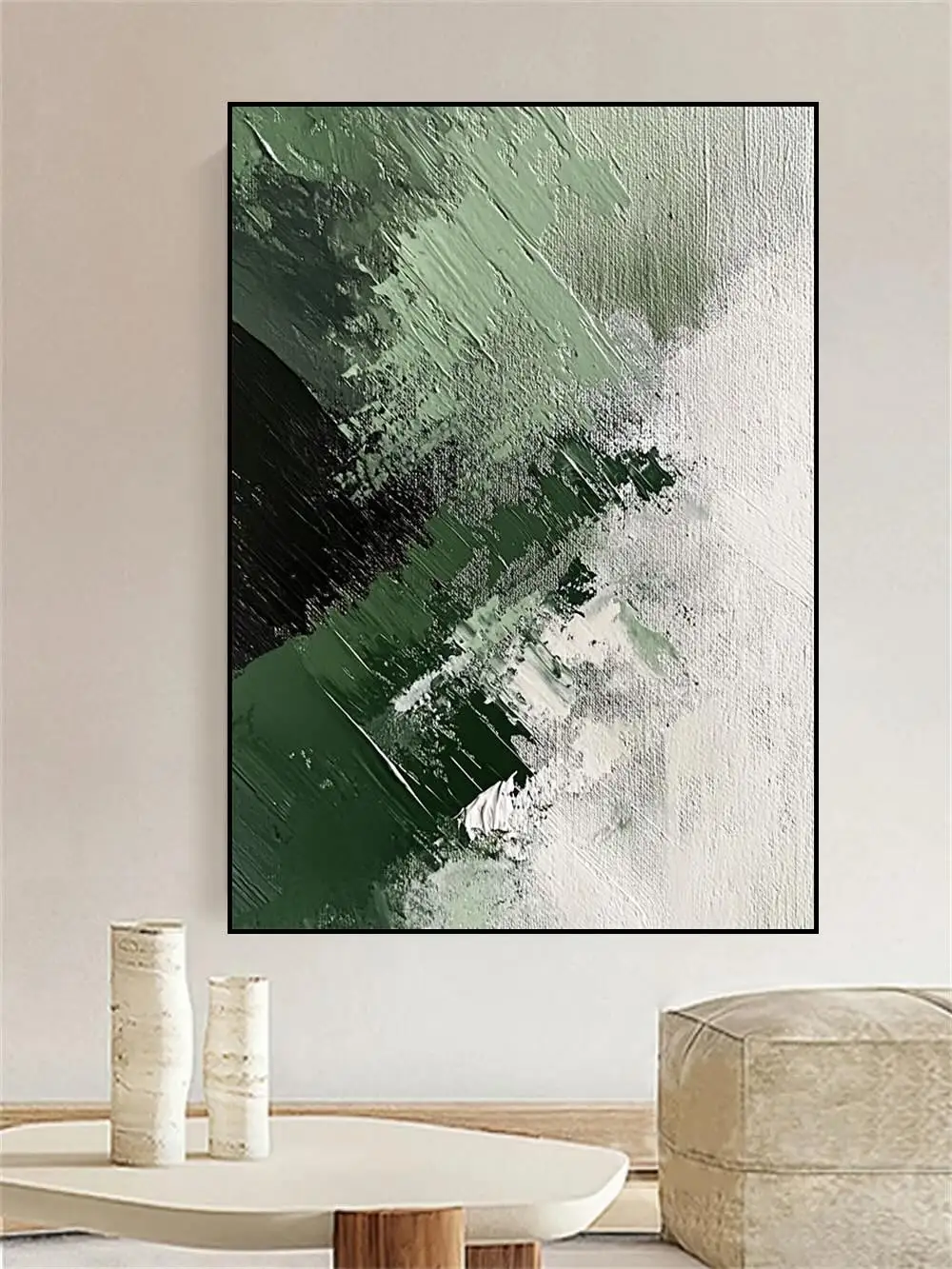 

High Quality Pure Hand Drawn Texture Modern Abstract Green Theme Oil Painting Wall Art Home Decoration Corridor Room Hanging Map