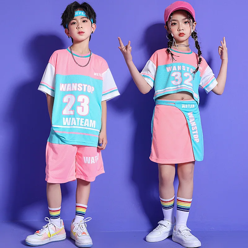 Kid Kpop Hip Hop Pink Blue Crop T Shirt Top Casual Summer Shorts Skirt Mini for Girl Boy Jazz Dance Costume Set Outfits Clothes