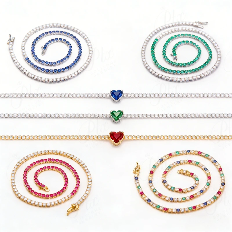 

Tennis Necklace Moissanite Lab Grown Ruby Sapphire Emerald Round Heart Shape 3mm 8X8mm 16 18 20inch 925 Silver Hiphop Chain