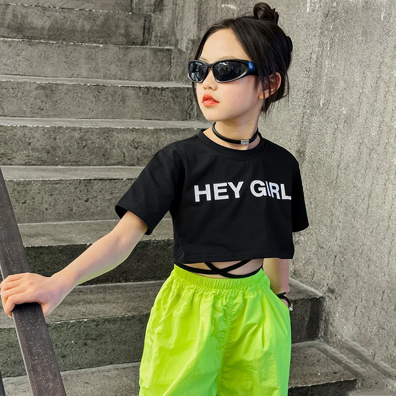 

girls short sleeve t shirt summer children crop top kids clothes jazz hip hop dance bandage tshirt teenage kpop 4 to 16 years