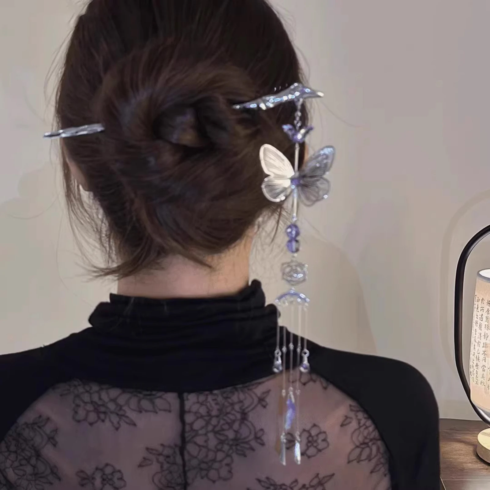 فراشة تصميم الشعر العصي Hanfu مطابقة دبوس الشعر مع شرابة الصينية شيونغسام ديكور كعكة الشعر مجوهرات الرجعية التيجان غطاء الرأس