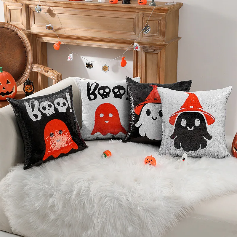 

Halloween Sequin Ghost Flip-out Throw Pillowcase Sofa Decoration Cushion Cover Headboard Pillowcases Funda Cogines De 45x45