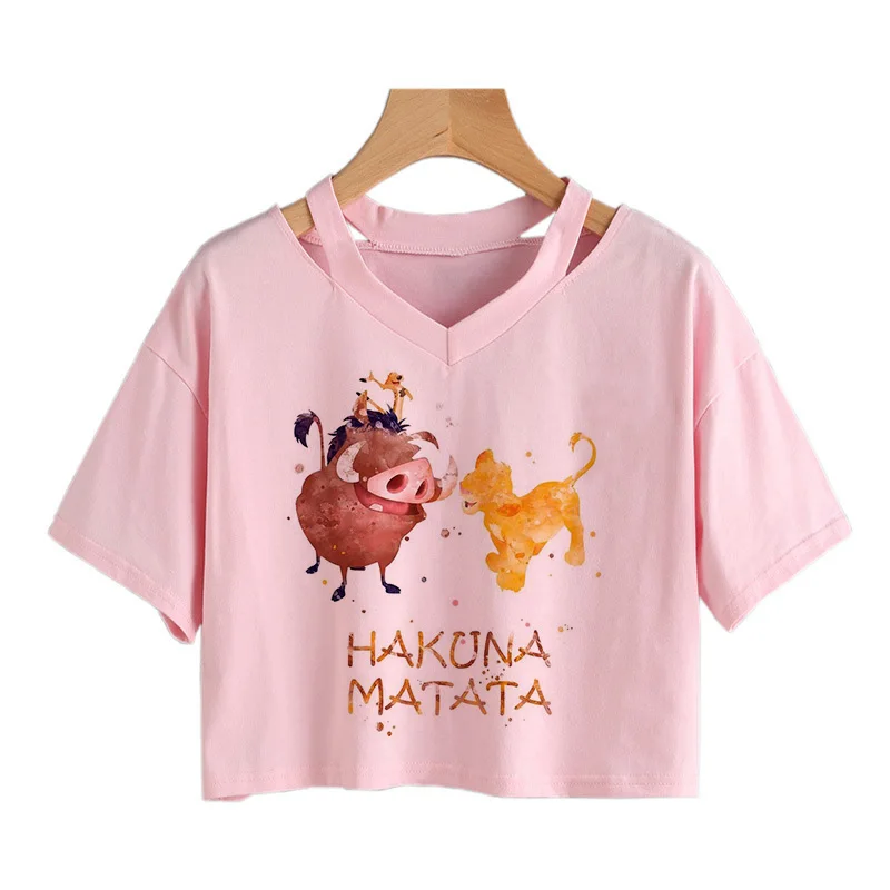 Pink Color Crop Top Disney The Lion King  T Shirt Cropped Harajuku T-shirt Hakuna Matata Tshirt Women Top Tees Female Clothes