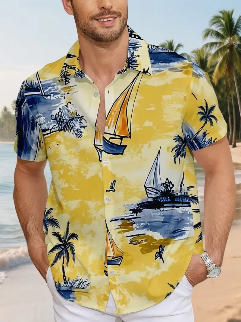

Men's Sailboat Print Hawaiian Shirts Tropical Palm Tree Graphic Short Sleeve Button Down Beach Shirt Summer Casual Aloha Shirt