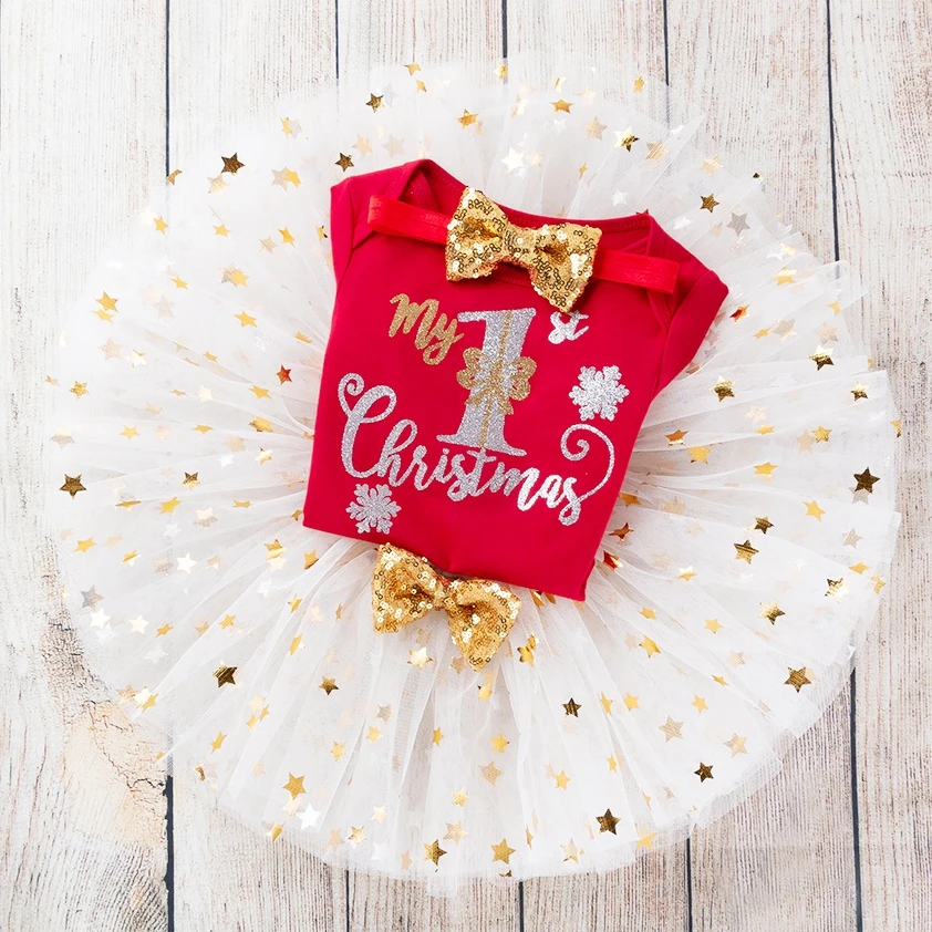 My First Christmas Baby Girl Outfit Long Sleeve X'mas Bodysuit Tutu Skirt Headband 1 Year Old Christmas Outfit Baby Girl Clothes