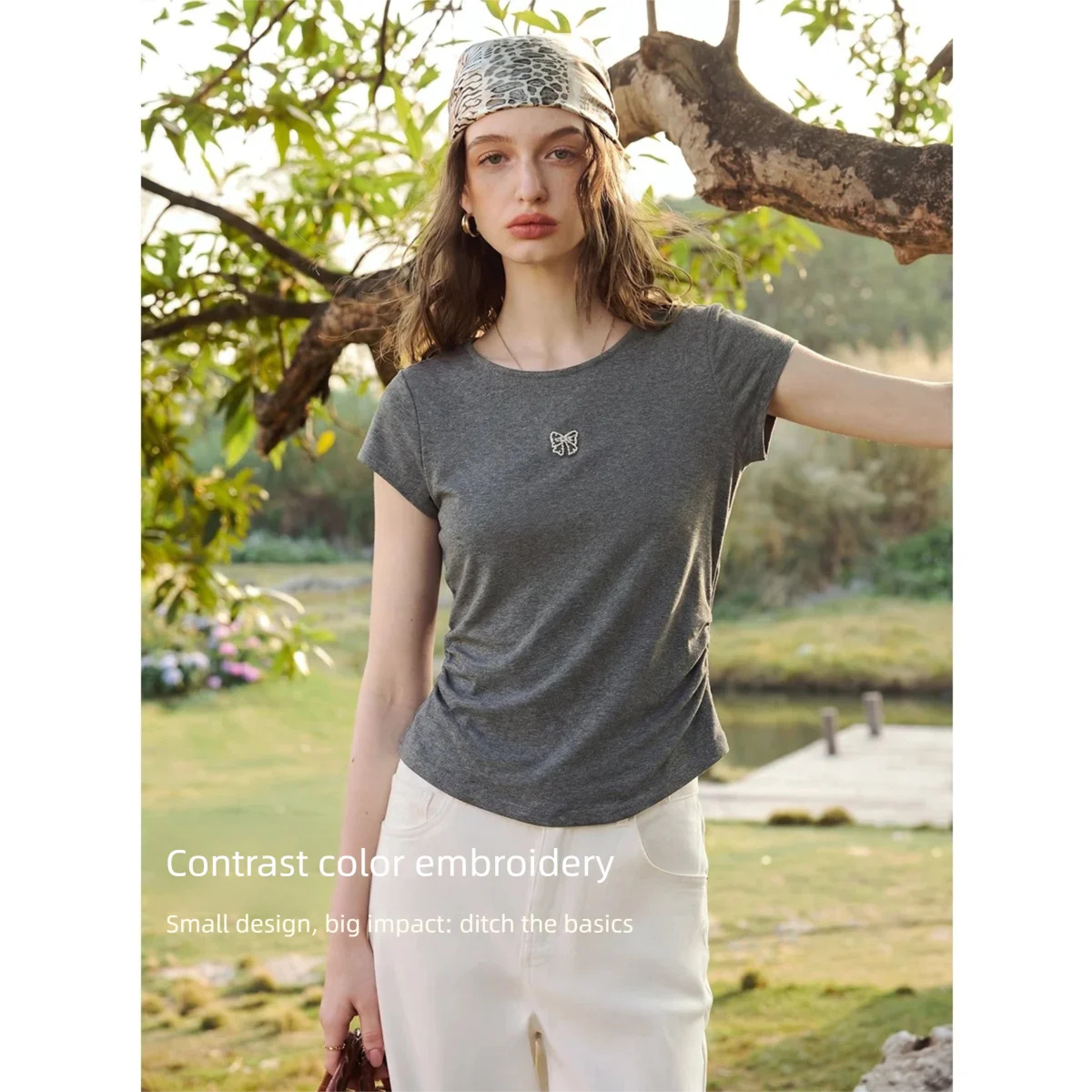 OLrain Elegant Bow Embroidery Short Sleeve Top Women 2026 Summer Fashion Side Ruched Slim Fit Casual Cotton T-shirt O58XT008131