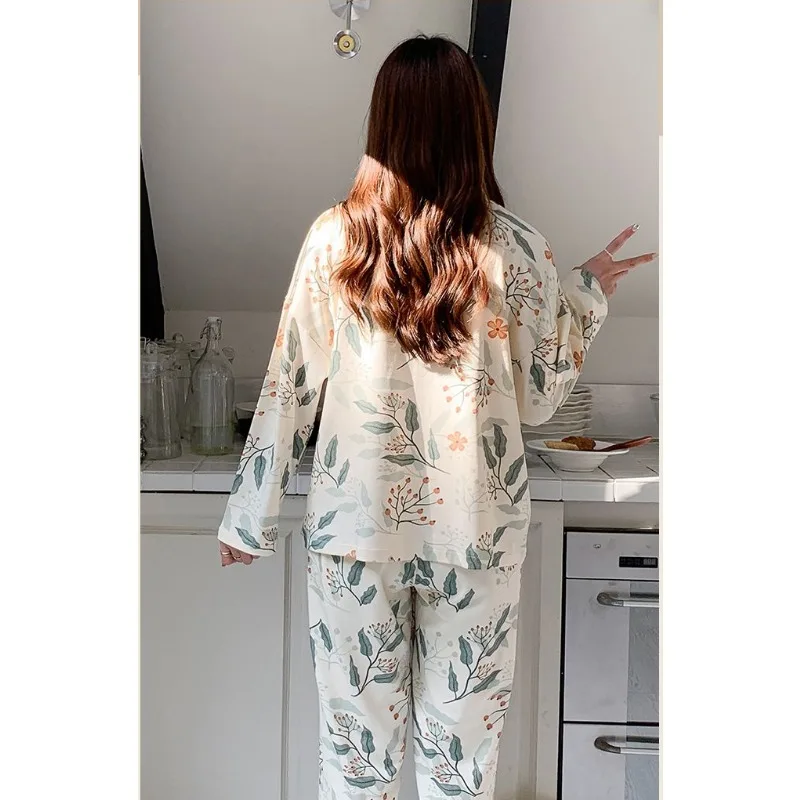 Frauen Nachtwäsche Langarm lange Hosen Nachtwäsche Pyjamas Sets Knöpfe drucken Lounge wear V-Ausschnitt Pyjamas koreanische lose Homewear