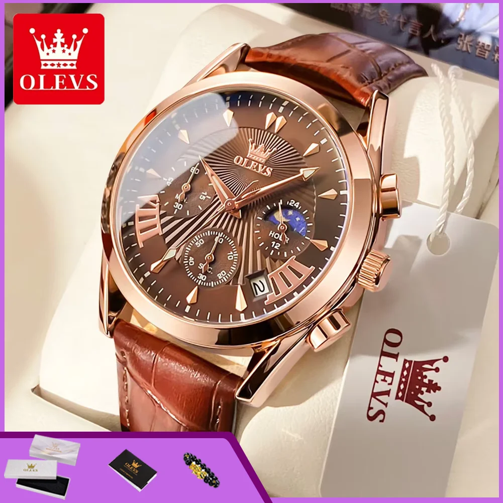 

OLEVS 2876 Moon Phase Man Watch Original Genuine Leather Strap Quartz Watch for Men Auto Date Waterproof Luxury Men's Wristwatch