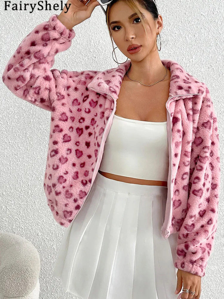 FairyShely 2025 Autumn Winter Leopard Print Women Jacket Thick Plush Hooded Warm Long Sleeve Coat Soft Loose Cardigan Lady Coat