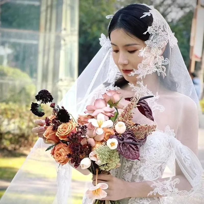 Vintage Lace Bun White Veil Bridal Headpiece