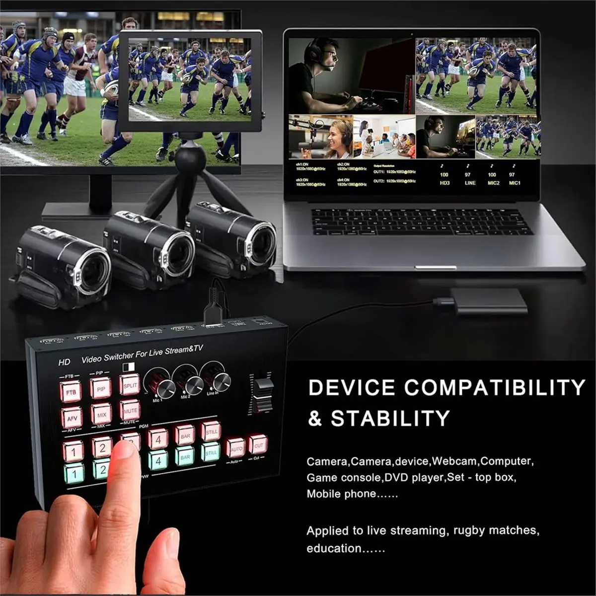 TCE Live Streaming Video Mixer,4 4 Channel Input/2 Output Video Switcher, Support 1080P,HDCP 1.4, Audio Mixer A EU Plug