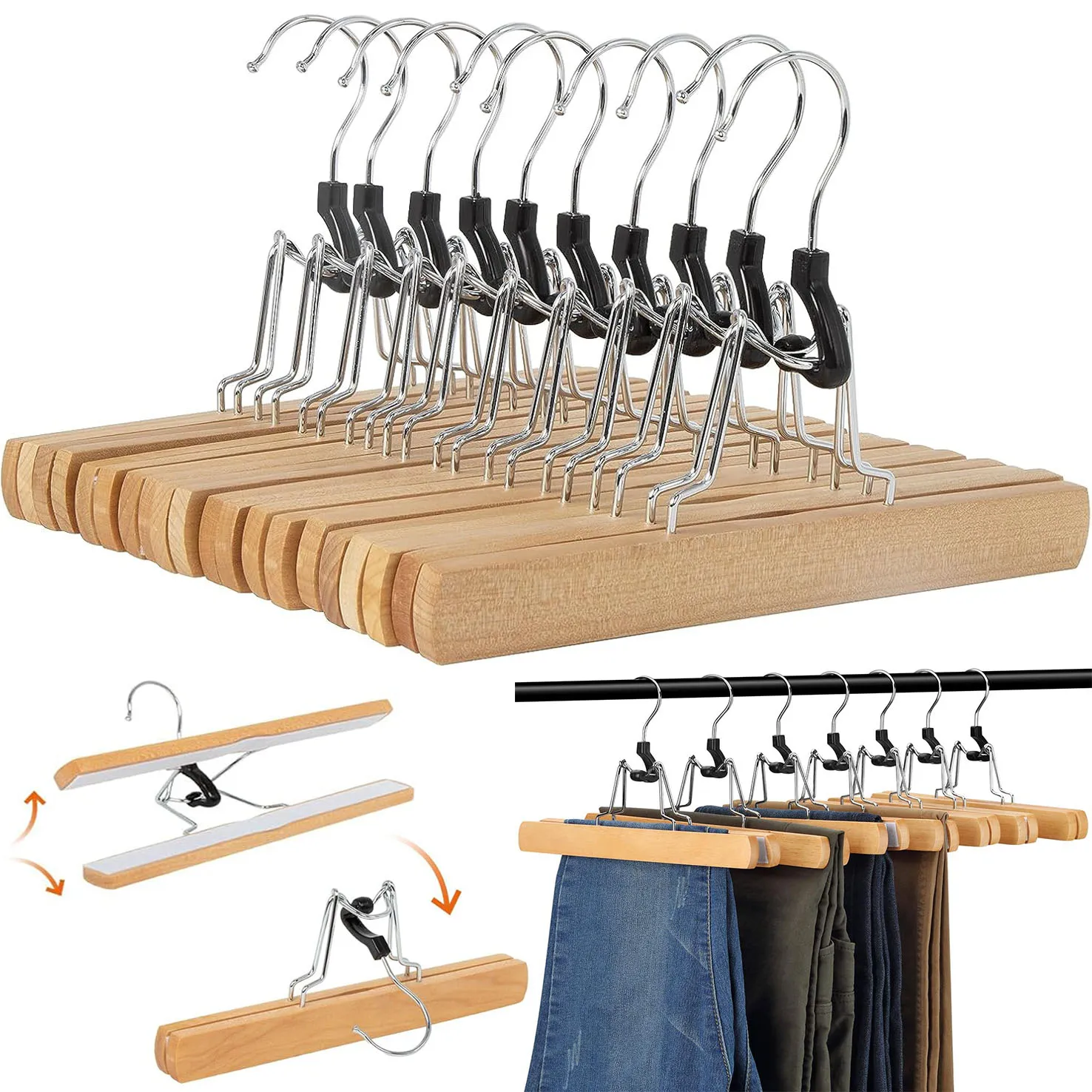5er-Pack Robuste Hosenbügel aus Naturholz für die Schrankorganisation, mit Clips, rutschfeste Rockbügel, Hosenklemmbügel, 360° °   Drehbar, für Hosen, Röcke, Schals, Garderobenorganisation