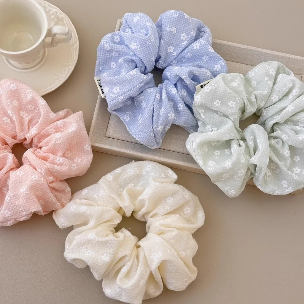 4 peças de Elástico de Cabelo de Algodão Puro com Alta Elasticidade, Estilo Menina Fresca, Padrão Floral em Grade Cores Macaron
