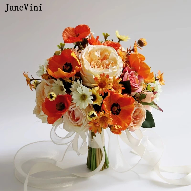 JaneVini Charming Orange Bridal Bouquets Artificial Silk Roses Real Touch Bridesmaid Holding Flowers Bouquet Wedding Accessories