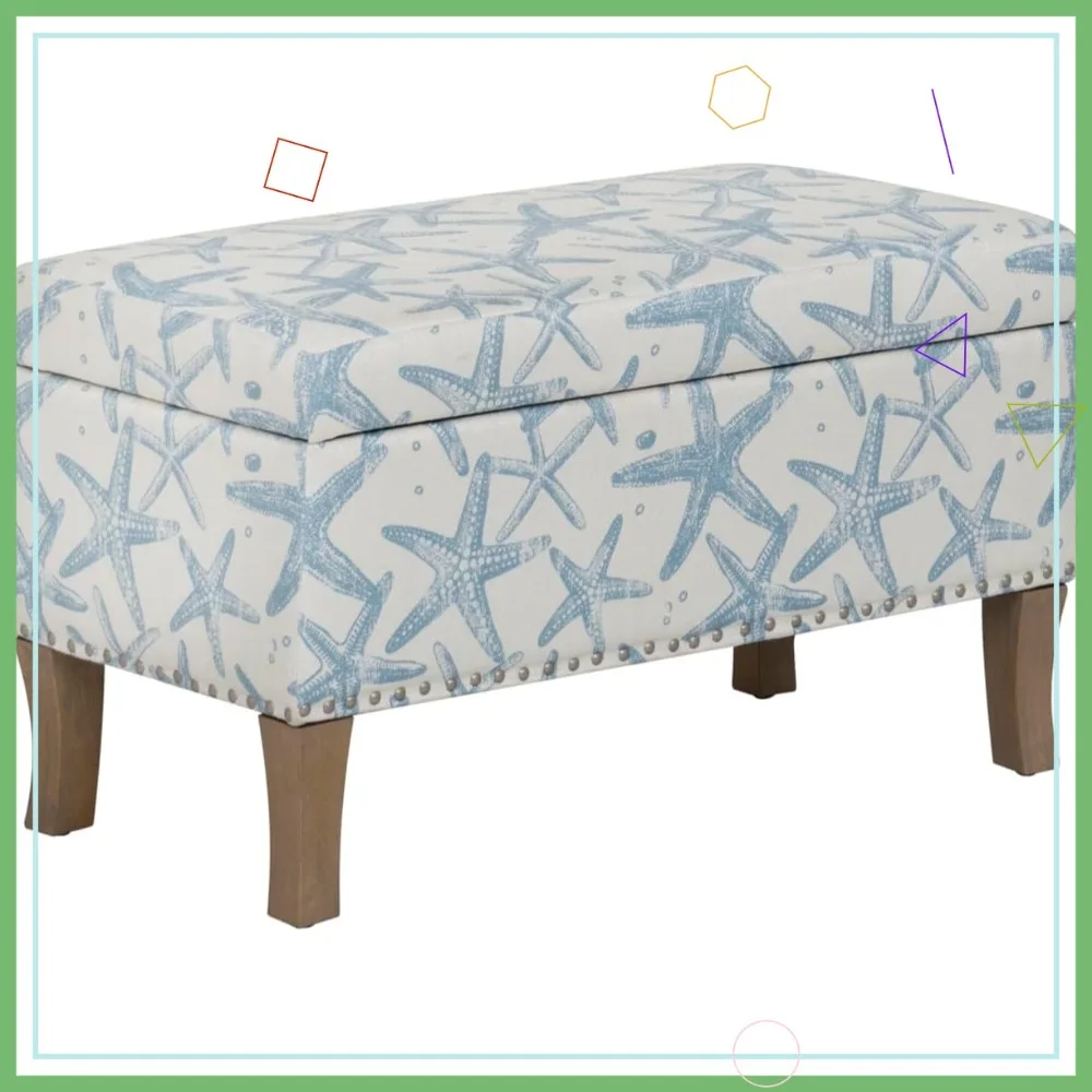 

Cream Light Blue Starfish Fully Upholstered Bench with Hidden Interior Storage